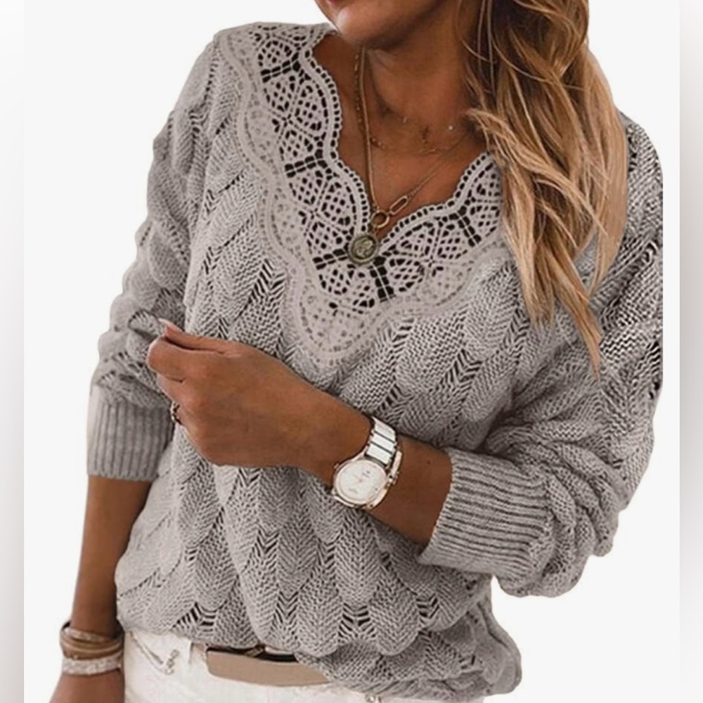 Lace V Neck Lightweight Knit Sweater Gray‎ Long Sleeve Feminine Pullover Top